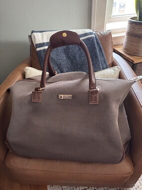 London Fog Taupe Canvas Duffel with Brown Leather Trim